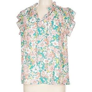 Voy Floral Pleated Cap Sleeve Blouse